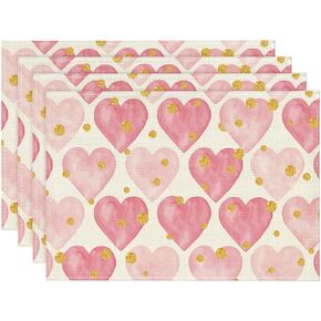 Artoid Mode Polka Dot Golden Heart Love Valentine's Day Placemats Set of 4, 12x18 Inch Anniversary Table Mats for Party Kitchen Dining Decoration