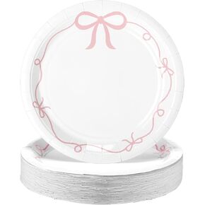 Havawish 50 Pcs Pink Bow Party Supplies 9 Inch Pink Bow Paper Plates Coquette Theme Tableware Disposable Dinner Dessert Plates for Bachelorette Bridal Party Baby Shower Decoration Favors