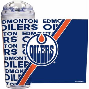 Rico Industries NHL Hockey Edmonton Oilers 24oz pumbler مع غطاء مفصلي ، بهللة مزدوجة الجدار مرخصة رسميًا مع قش