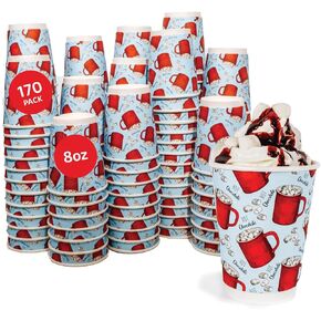 Upper Midland Products [170 Cups 8 oz Disposable Hot Chocolate Cups - Double Wall Insulated Cups - Disposable Hot Cocoa Christmas Cups- Recyclable To Go Cups