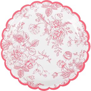 Pink Floral Party Plates Floral Leaf Scalloped Disposable Paper Plates Pink and White Toile 9" Dinner Plates for Valentines Bridal Baby Shower Tea Party Supplies Table Decor (24)