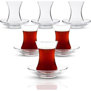 ums Turkish Tea Glass Set, Slim Waist Design and Thick Sole Prevent Tea From Getting Cold, Easy to Keep for 6 People, 6 Saucers, 6 Glasses, Useful Tea Set (12 Pieces)