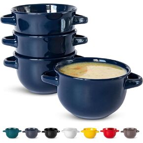 Soup Bowls, French Onion Soup Bowls, by Kook, Soup Crocks, Oven Safe Bowls, Soup Mugs, Ceramic Bowls, Dishwasher, Microwave, Set of 4, 18 oz (Blue)