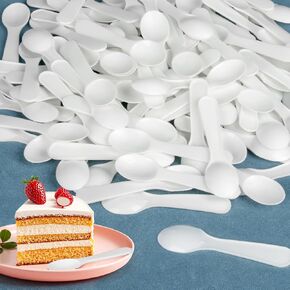 Mini Spoons - 100 Pcs Dessert Spoons Plastic Disposable Cutlery Small Plastic Spoons For Ice Cream Cake Jelly Pie Yogurt Dessert For Party Celebrations (100, WHITE)