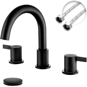 Two Handle 8inch Black Bathroom Faucet 3 Holes, Bathroom Sink Faucet with Pop up Drain Assembly and Water Supply Lines