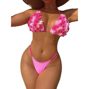 WDIRARA Women's 2 Piece Cute Swimsuits Floral Appliques Halter Triangle Bikini Set Beach Bathing Suit