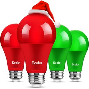 Red and Green Light Bulbs, Outdoor 4 Pack, 9W (60W Equivalent), 120V E26 Base A19 LED Christmas Light Bulb, Colored Bulb, Red and Green Bulbs for Christmas Decoration, Porch, Home Lighting