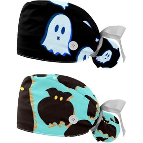2 Pcs Working Cap with Button for Women Long Hair Adjustable Elastic Bandage Tie Back Bouffant Cap Halloween Ghost
