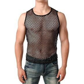 Men's Mesh Fishnet Vest, Black See Through Sleeveless Tank Top, Mesh Fishnet Fitted Muscle Top Muscle Vests
