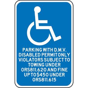 Accuform FRA182RA Engineer-Grade Reflective Aluminum Handicapped Parking Sign (Oregon), Legend "PARKING WITH D.M.V. DISABLED PERMIT ONLY - VIOLATORS SUBJECT TO TOWING UNDER ORS811.620 AND FINE UP TO $450 UNDER ORS811.615" with Graphic, 18" Length x 12" Wi