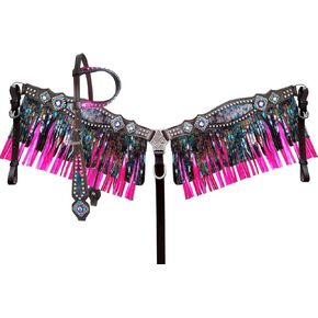 Showman Leather Headstall & Breast Collar Set w/Rainbow Metallic Inlays & Fringe,Dark Brown/Rainbow,Average Full Size Horse