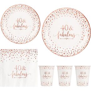 Crisky Rose Gold Foil 40 Fabulous Napkins Plates Cups Set for Women 40th Birthday Party Decorations Supplies, Disposable Tableware Set of 24 (9" Plates, 7" Plates, Luncheon Napkins, 9oz Cups)