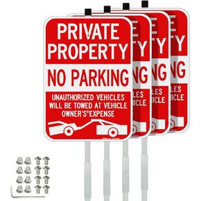 Faittoo Large Private Property No Parking Sign with 36" Stake, 4-Pack 14"x10" Vehicle Towed At Owner's Expense Aluminum Sign, Reflective, 2 pre-drilled holes, Includes Matching Screws & Wrench