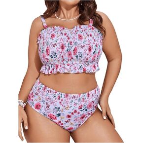 OYOANGLE Women's Plus Size 2 Piece Floral Print Swimsuit Frill Trim Smocked Wireless Swimwear Bathing Suits in Kuwait