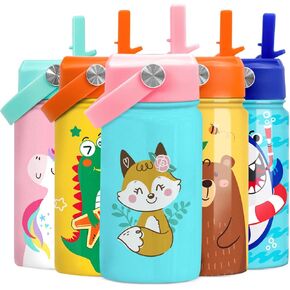 SANDJEST Fox Water Bottle - Kids Water Bottle with Straw Lid - 12 Oz Insulated Stainless Steel Water Bottles for Toddlers Kid Girl - Travel Cup for School Sports