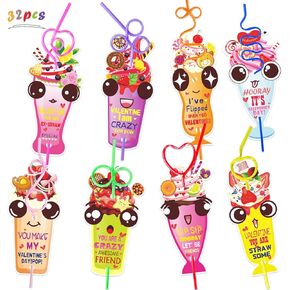 GYQMBT Valentines Day Gifts for Kids,32 Packs Crazy Straws Valentines Day Gifts Cards for Kids ,Reusable Valentines Day Straws Kit for Boys Girls Valentine Exchange Cards for Kids (Style 1)