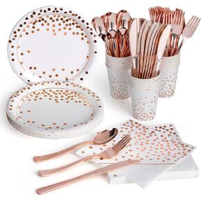 Rose Gold Party Supplies cutlery with White Paper Plates Napkins Cups - Dot Disposable Paper Dinnerware Serves 20 - bulk for Wedding Birthday Party Decorations Bridal and Baby Shower