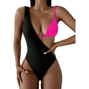 Hilinker Women's Colorblock 3 PCS Swimsuit Rib Triangle Bikini Set with One Shoulder Swimwear Black Pink Medium in Kuwait
