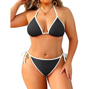 Tempt Me Women Black Plus Size Triangle Bikini Sets String Two Piece Halter Swimsuits with Tie Side Bottom 20 Plus