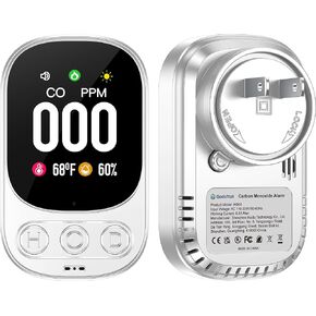 Plug in Carbon Monoxide Detector 3in1 CO Temperature Humidity Monitor with 2.1'' HD Screen & Indicator Visual&Audible Alarm for Home Travel Hotel RV (White)