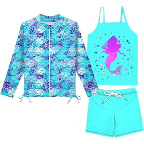 Idgreatim 5-12 Years Girls Swimsuits Long Sleeve Rash Guard Bathing Suit 3 Piece Tankini Sets