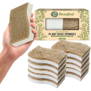 BEAUFITAL 20 Count Non-Scratch Natural Kitchen Sponge, Biodegradable Compostable Cellulose Coconut Scrubber, Eco Friendly Sponges for Dishes, Non-Stick Cookware, Bathroom, Heavy-Duty Cleaning