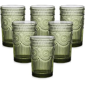 Vintage Glassware Drinking Glasses Set of 6,13 oz Green Textured Flower Design Glass Water Tumblers，Embossed Striped Drinkware for Water,Cocktails,Juice,Iced Coffee