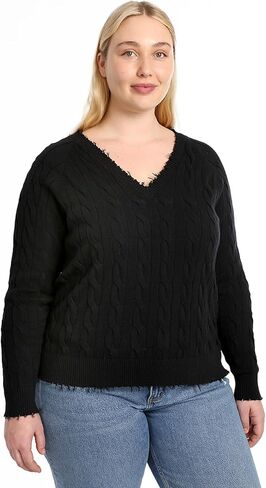 Minnie Rose Women's Long Sleeve V Neck Cotton Cable Frayed SweaterÊÊ in Kuwait