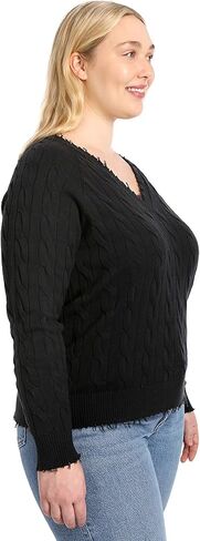 Minnie Rose Women's Long Sleeve V Neck Cotton Cable Frayed SweaterÊÊ in Kuwait