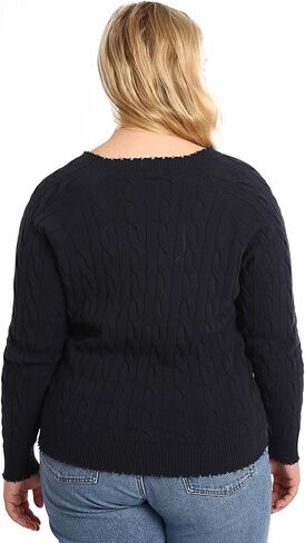 Minnie Rose Women's Long Sleeve V Neck Cotton Cable Frayed SweaterÊÊ in Kuwait