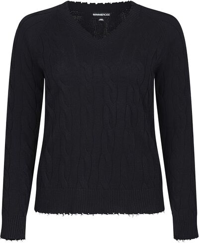 Minnie Rose Women's Long Sleeve V Neck Cotton Cable Frayed SweaterÊÊ in Kuwait
