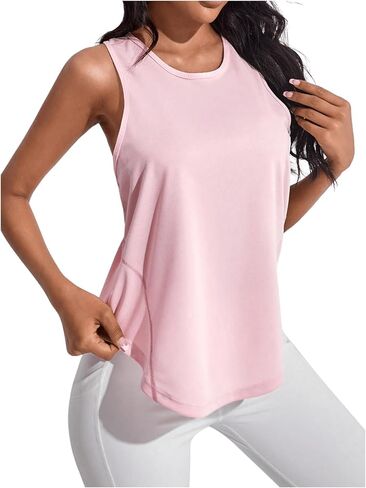 SweatyRocks Women's Sleeveless Round Neck Sports Racerback Tank Top Solid Asymmetrical Hem Yoga Tops in Saudi Arabia