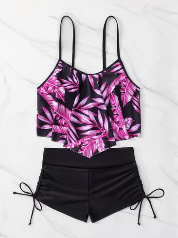 OYOANGLE Women's 2 Piece Tropical Asymmetrical Hem Beach Bikini Drawstring Shorts Swimsuit Bathing Suit in Saudi Arabia