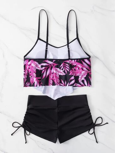 OYOANGLE Women's 2 Piece Tropical Asymmetrical Hem Beach Bikini Drawstring Shorts Swimsuit Bathing Suit in Saudi Arabia