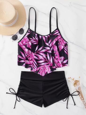OYOANGLE Women's 2 Piece Tropical Asymmetrical Hem Beach Bikini Drawstring Shorts Swimsuit Bathing Suit in Saudi Arabia