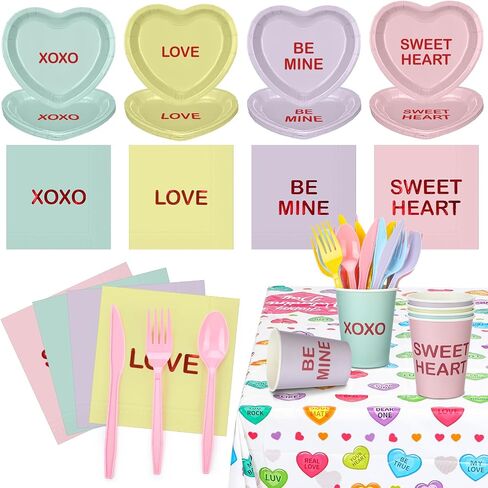 342 PCS Valentine Party Supplies مجموعة أدوات المائدة خدمة 48 محادثة ألواح قلب Candy Napkins Cups Forks Knives Spoons tableroth Valentines Decorations Party Decoration in Saudi Arabia