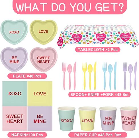 342 PCS Valentine Party Supplies مجموعة أدوات المائدة خدمة 48 محادثة ألواح قلب Candy Napkins Cups Forks Knives Spoons tableroth Valentines Decorations Party Decoration in Saudi Arabia