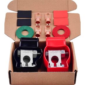 Battery Terminal Connectors, Top Post Military Spec Battery Terminals and Cover Kit, with 4 Pcs 2 Gauge 3/8" Copper Lugs, 4 Heatshrink, 2 Covers, 2 Anti Corrosion Washers