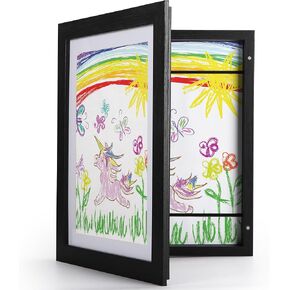 إطار خشبي للأطفال من EYMPEU مقاس 8.5 × 11 مع حصيرة أو 10 × 12.5 بدون حصيرة، إطار صورة عمل فني أسود تحميل أمامي لرسومات الأطفال، إطار تخزين عرض عمل فني قابل للتغيير، يحمل 100 قطعة من الورق in Kuwait