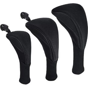 Golf Head Covers - 3Pcs Golf Club Head Covers for Wood & Fairway, Driver Headcover Hybrids of No. Tags 3 4 5 6 7 X with Long Neck Mesh for Extra Club Protection (Black)