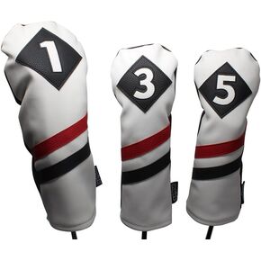 Majek Retro Golf Headcovers White Red and Black Vintage Leather Style 1 3 5 Driver and Fairway Head Covers Fits 460cc Drivers Classic Look
