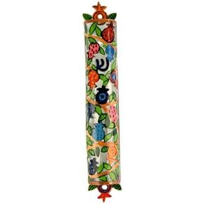 Laser Cut Hand Painted Metal Mezuzah - Pomegranates