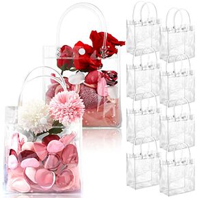 Saintrygo 50 Pcs Clear Gift Bags with Handles PVC Plastic Bags Bulk Gift Wrap Tote Transparent Reusable Goodie Bags for Wedding Birthday Halloween Christmas Party Favor(10.2 x 6.3 x 3.2 Inches)