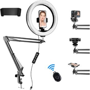ضوء حلقة سيلفي 10 بوصة مع كاميرا علوية وحامل هاتف، ضوء حلقة سطح المكتب مع جهاز تحكم عن بعد لهاتف iPhone، مناسب لتسجيل الفيديو، اجتماعات التكبير، البث المباشر، TikTok، YouTube in Kuwait