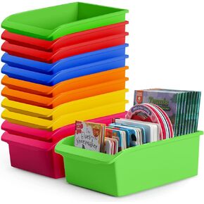 12 Pack - Large Plastic Book Bins for Classroom with Pull Out Wheels. Library Shelf Storage Organizer Boxes, Bulk Teacher Supplies Holder, Clear