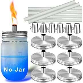 Mason Jar Tabletop Torches Kits,6 Pack Regular Mouth Lids with Protective Tube,Long Life Fiberglass Wicks and Caps,Outdoor Oil Lamp Lights for Patio Garden Camping Decor(Black)