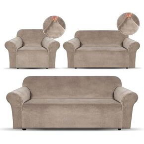 Sapphire Home 2-Piece Sofa and Loveseat Slipcovers, Couch and Loveseat Covers Set, Form fit Stretch, Wrinkle Free, Furniture Protector, Sofa Covers for Living Room, Microsuede (Beige/Taupe)