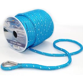 Double Braided Nylon Anchor Rope(White Reflective, 3/8" x 100',1/2" 150') Anchor Line/Boat Anchor Rope with Stainless Steel Thimble, Quality Marine Rope, Boat Accessories