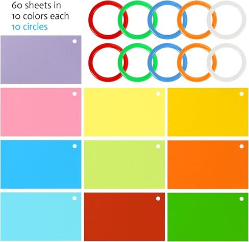 بطاقات فهرسة متعددة الألوان، 600 ورقة بطاقات فلاش مع حلقات، بطاقات فهرسة فارغة مقاس 3 × 5 بوصة، بطاقات دراسة، بطاقات ملاحظات للتعلم المدرسي واللوازم المكتبية، 10 ألوان in Kuwait