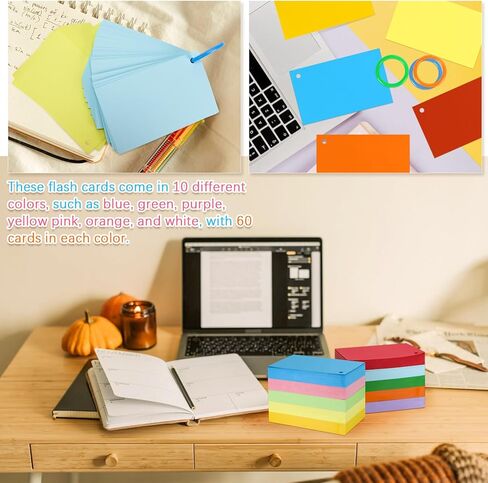 بطاقات فهرسة متعددة الألوان، 600 ورقة بطاقات فلاش مع حلقات، بطاقات فهرسة فارغة مقاس 3 × 5 بوصة، بطاقات دراسة، بطاقات ملاحظات للتعلم المدرسي واللوازم المكتبية، 10 ألوان in Kuwait